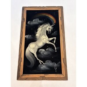 Vintage Wood Framed 22.25" x 13.25" Velvet Painting Rainbow UNICORN by J Mexico
